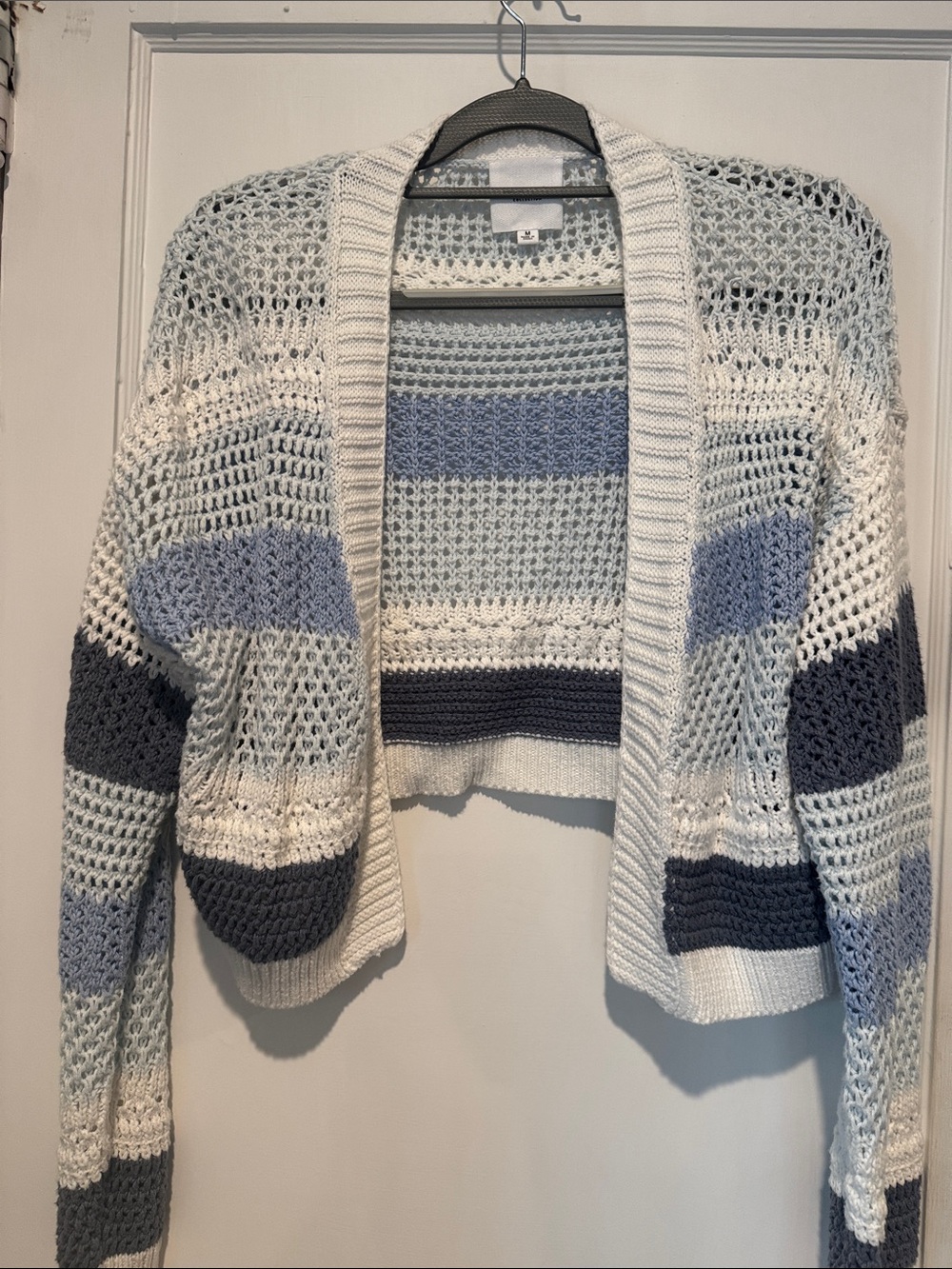 Le Lis Open-Knit Striped Cropped Cardigan in Blue, Navy & White